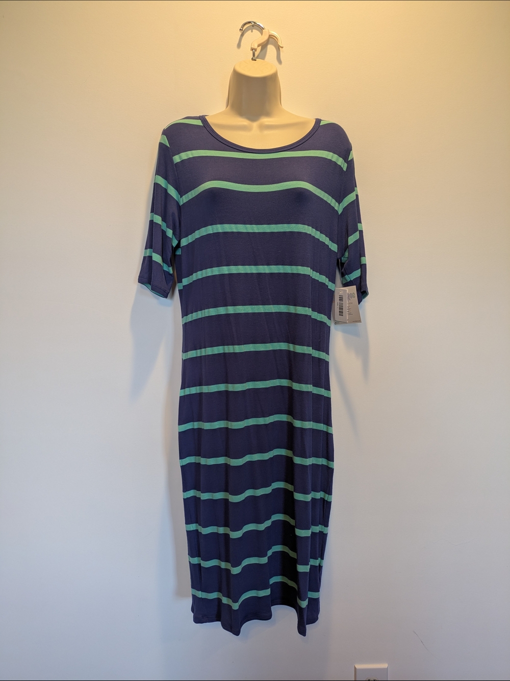LuLaRoe Julia Navy Dress with Mint Stripes Size Large